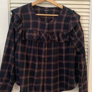 Madewell Navy and Red plaid Ruffle Blouse